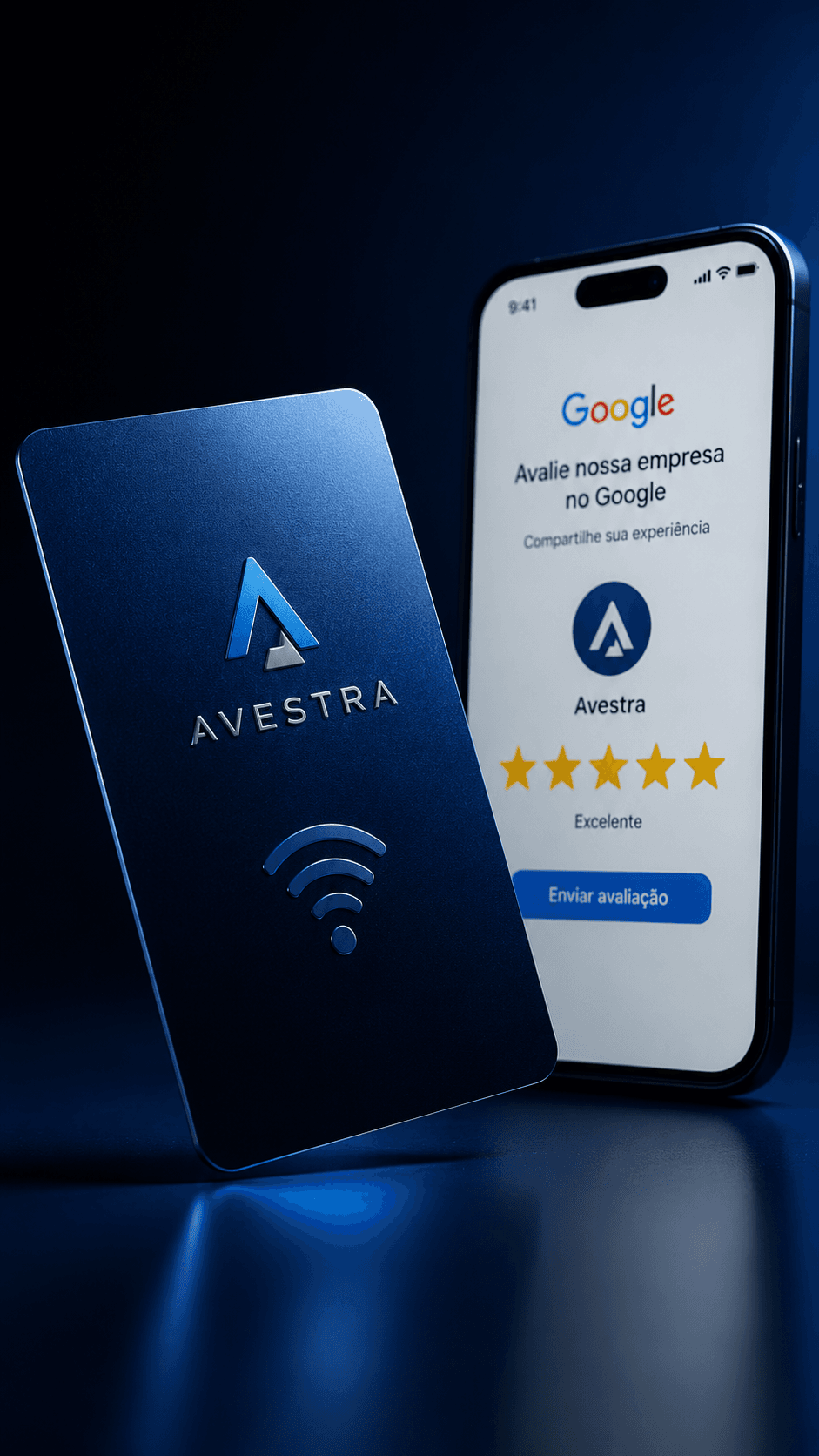 Cartão Tag NFC da Avestra ao lado de um celular com a tela de avaliação do Google